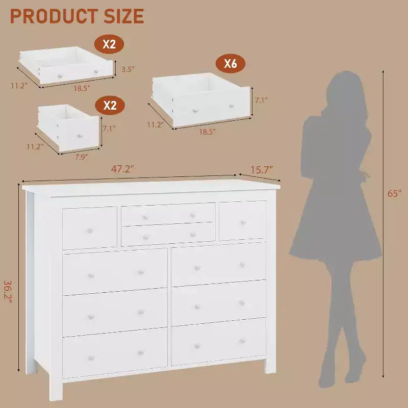 Comò a 10 cassetti per camera da letto, cassettiera moderna in legno con texture naturale