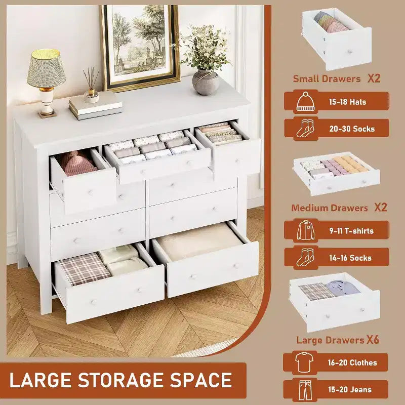Comò a 10 cassetti per camera da letto, cassettiera moderna in legno con texture naturale