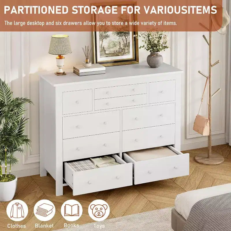 Comò a 10 cassetti per camera da letto, cassettiera moderna in legno con texture naturale