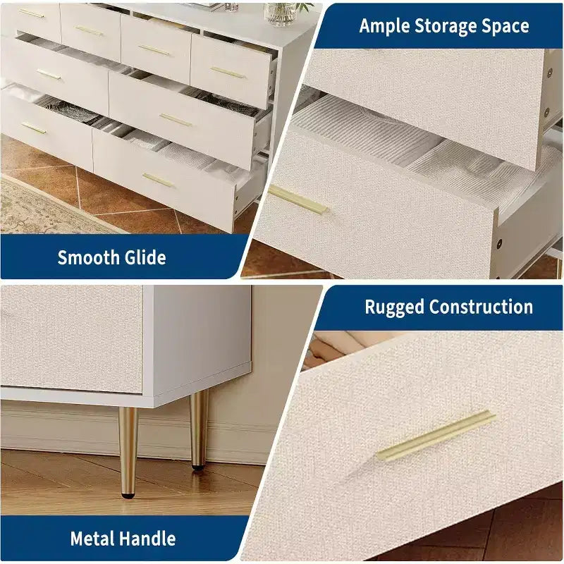 Cassettiera bianca a 5 cassetti, cassettiera alta e stretta, cassettiera sottile in legno con maniglie e gambe in metallo dorato