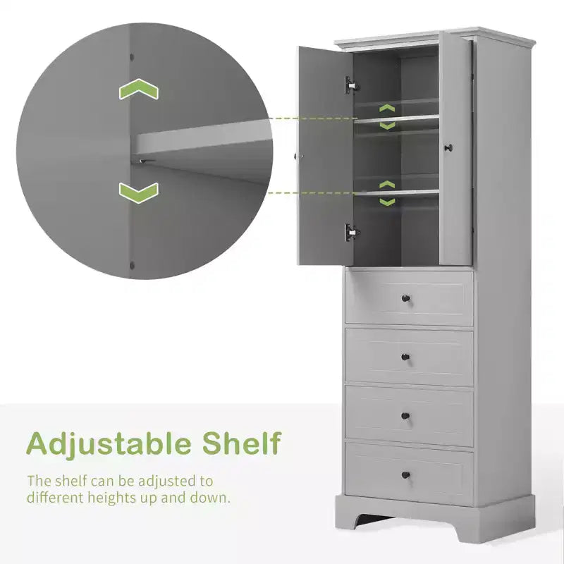 Armadio contenitore alto indipendente, con 4 cassetti e 2 ante, Armadietto da bagno con ripiano regolabile per bagno, soggiorno