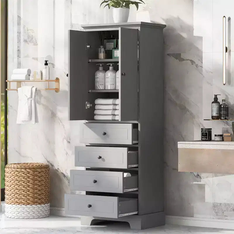 Armadio contenitore alto indipendente, con 4 cassetti e 2 ante, Armadietto da bagno con ripiano regolabile per bagno, soggiorno