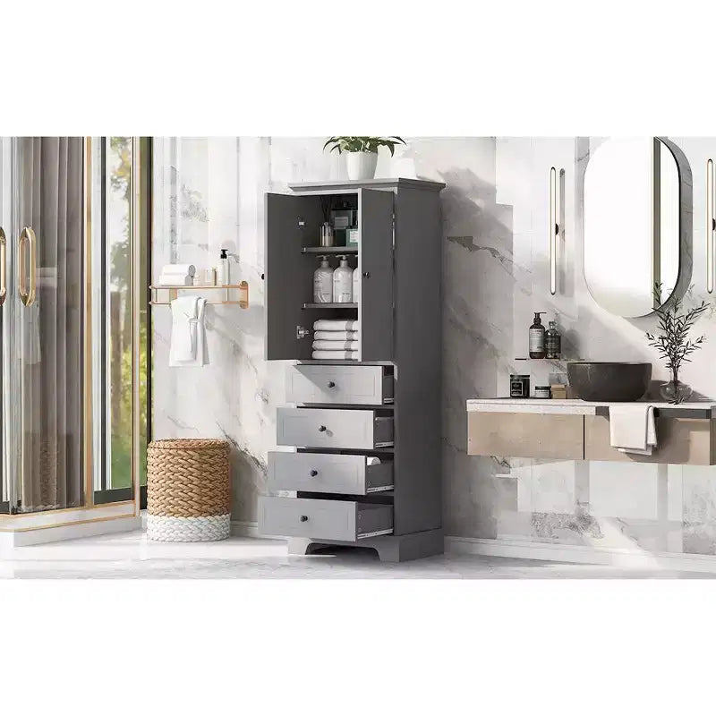 Armadio contenitore alto indipendente, con 4 cassetti e 2 ante, Armadietto da bagno con ripiano regolabile per bagno, soggiorno