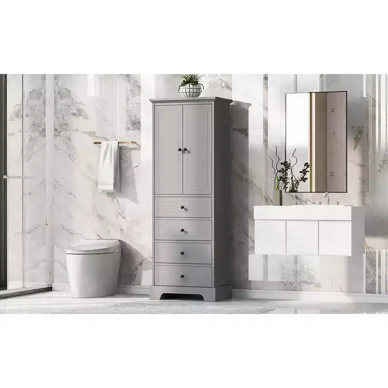 Armadio contenitore alto indipendente, con 4 cassetti e 2 ante, Armadietto da bagno con ripiano regolabile per bagno, soggiorno