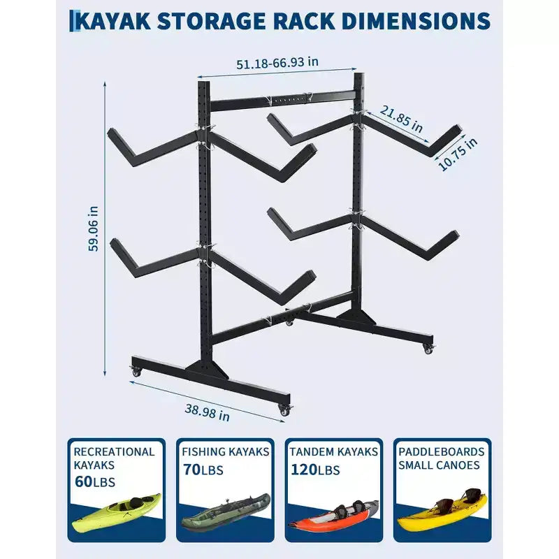 Porta kayak autoportante 2-6 - Porta kayak in acciaio per impieghi gravosi con ruote mobili e cinghie di sospensione per uso esterno (selezionare la dimensione, nero)