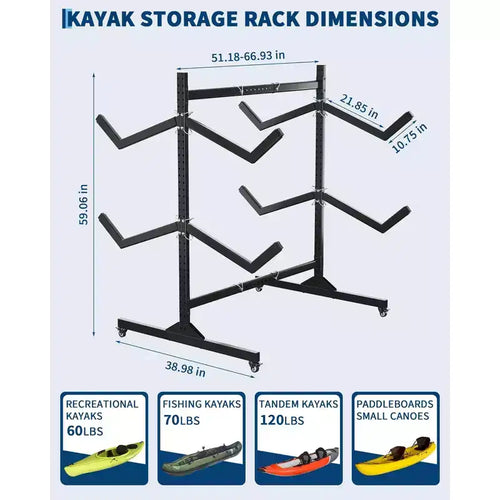Porta kayak autoportante 2-6 - Porta kayak in acciaio per impieghi gravosi con ruote mobili e cinghie di sospensione per uso esterno (selezionare la dimensione, nero)