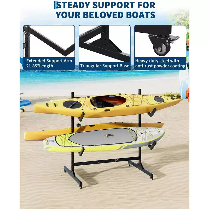 Porta kayak autoportante 2-6 - Porta kayak in acciaio per impieghi gravosi con ruote mobili e cinghie di sospensione per uso esterno (selezionare la dimensione, nero)