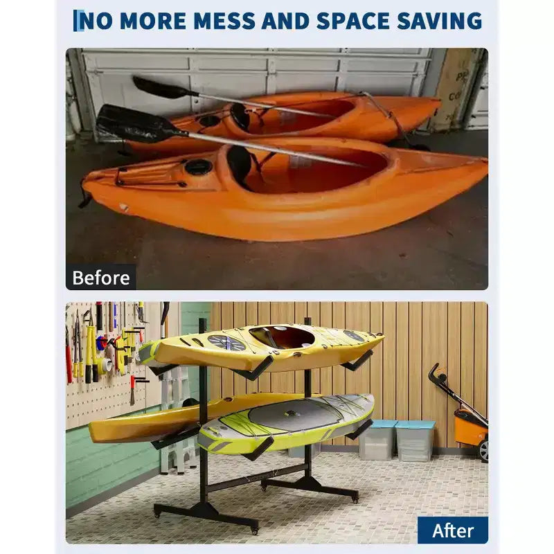 Porta kayak autoportante 2-6 - Porta kayak in acciaio per impieghi gravosi con ruote mobili e cinghie di sospensione per uso esterno (selezionare la dimensione, nero)