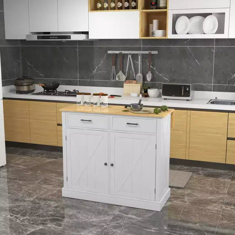 Carrello da Cucina in Stile Fattoria con Anta a Goccia in Legno di Gomma, Isola da Cucina con Cassetti e Ripiani Regolabili per la Sala da Pranzo, Bianco