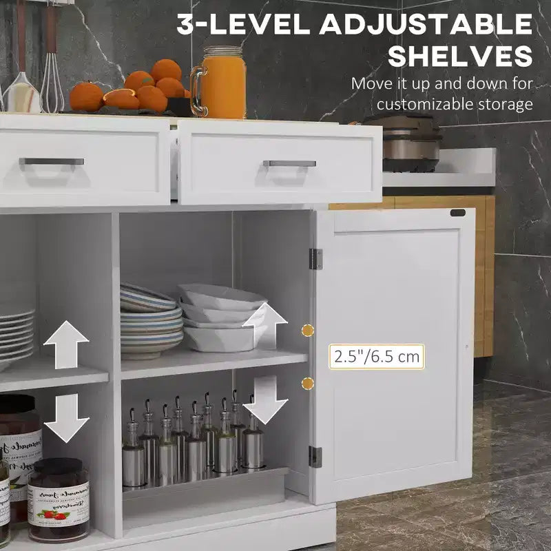 Carrello da Cucina in Stile Fattoria con Anta a Goccia in Legno di Gomma, Isola da Cucina con Cassetti e Ripiani Regolabili per la Sala da Pranzo, Bianco