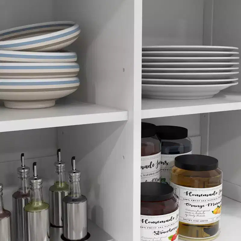 Carrello da Cucina in Stile Fattoria con Anta a Goccia in Legno di Gomma, Isola da Cucina con Cassetti e Ripiani Regolabili per la Sala da Pranzo, Bianco