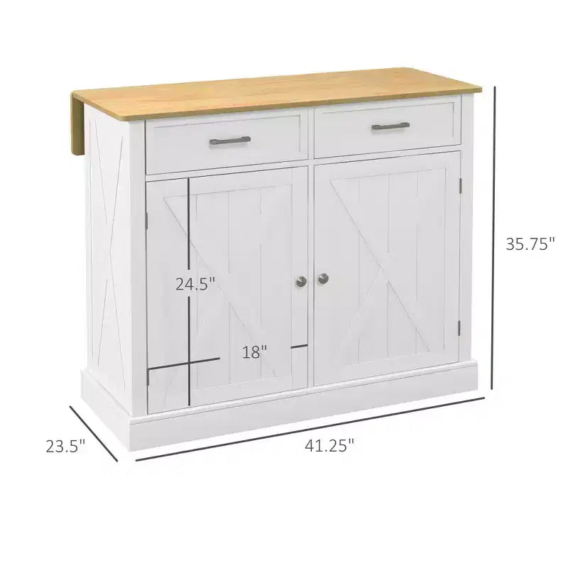 Carrello da Cucina in Stile Fattoria con Anta a Goccia in Legno di Gomma, Isola da Cucina con Cassetti e Ripiani Regolabili per la Sala da Pranzo, Bianco