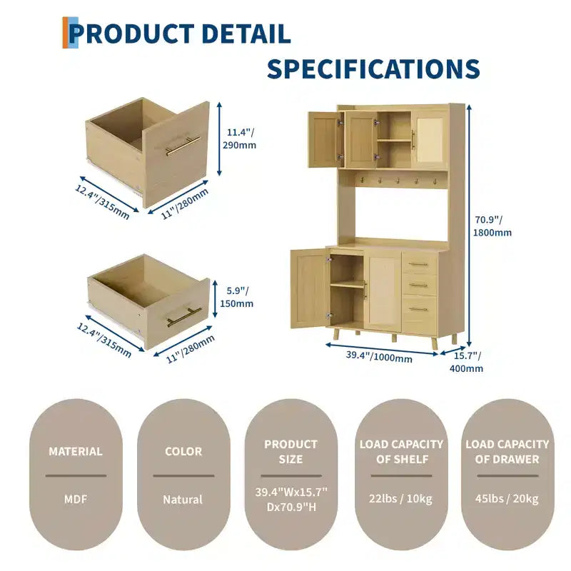 Credenza freestanding con cassetti, dispensa in rattan, ante e ganci per soggiorno, sala da pranzo,