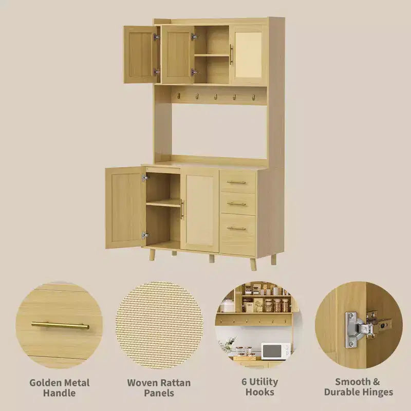Credenza freestanding con cassetti, dispensa in rattan, ante e ganci per soggiorno, sala da pranzo,
