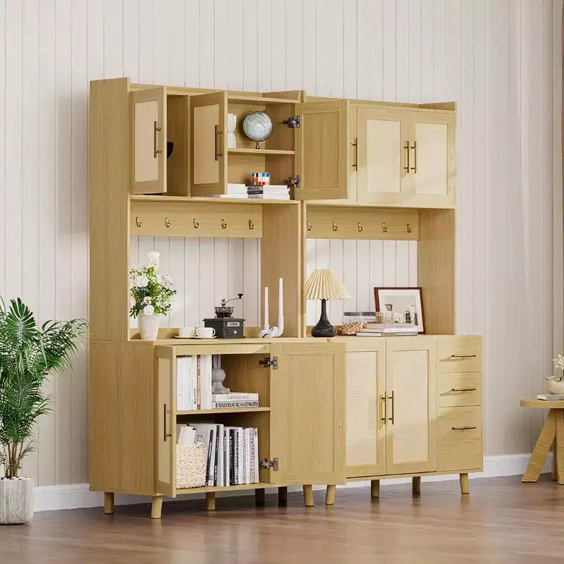 Credenza freestanding con cassetti, dispensa in rattan, ante e ganci per soggiorno, sala da pranzo,