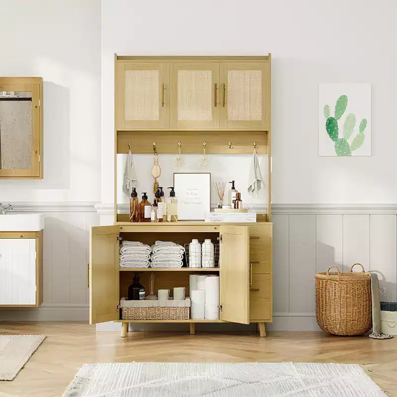 Credenza freestanding con cassetti, dispensa in rattan, ante e ganci per soggiorno, sala da pranzo,