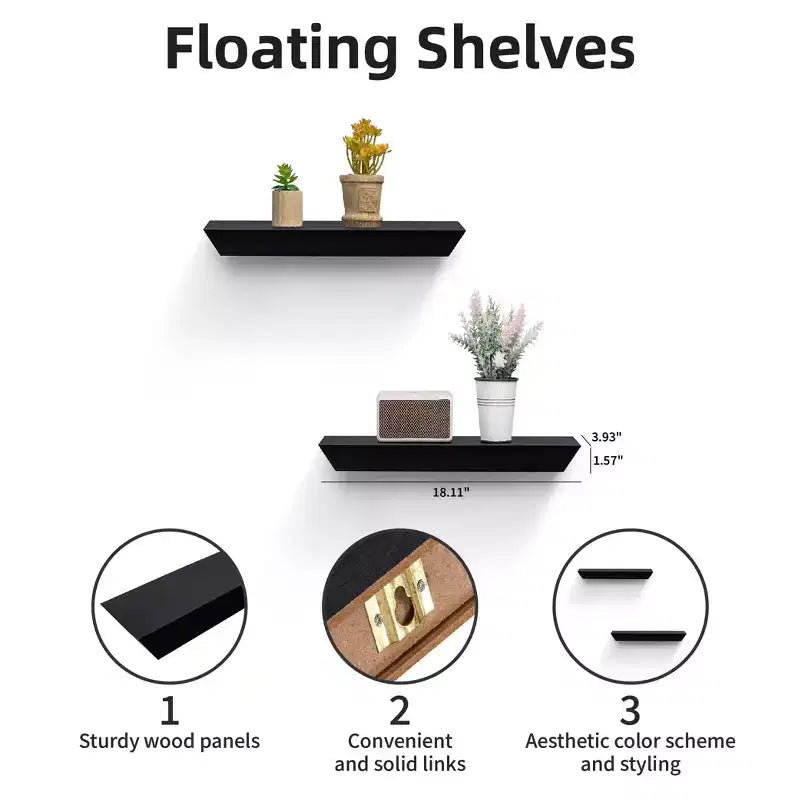 2 Pacchi Mensole Galleggianti FurnitureR, Mensole da Parete Nere in Legno MDF per Arredo e Stoccaggio, Ideali per Camera da Letto, Soggiorno, Bagno, Cucina