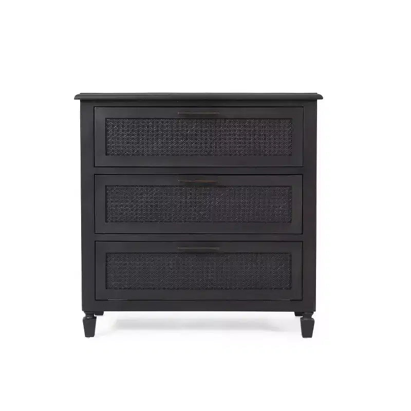 Comò con 3 cassetti Rustic in legno di acacia e canna Grigio scuro: Contenitore per camera da letto, Accessori in metallo
