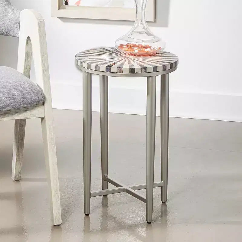 Tavolino rotondo moderno in ferro 14 con piano a mulinello grigio argento per soggiorno, camera da letto, comodino, ingresso, ufficio