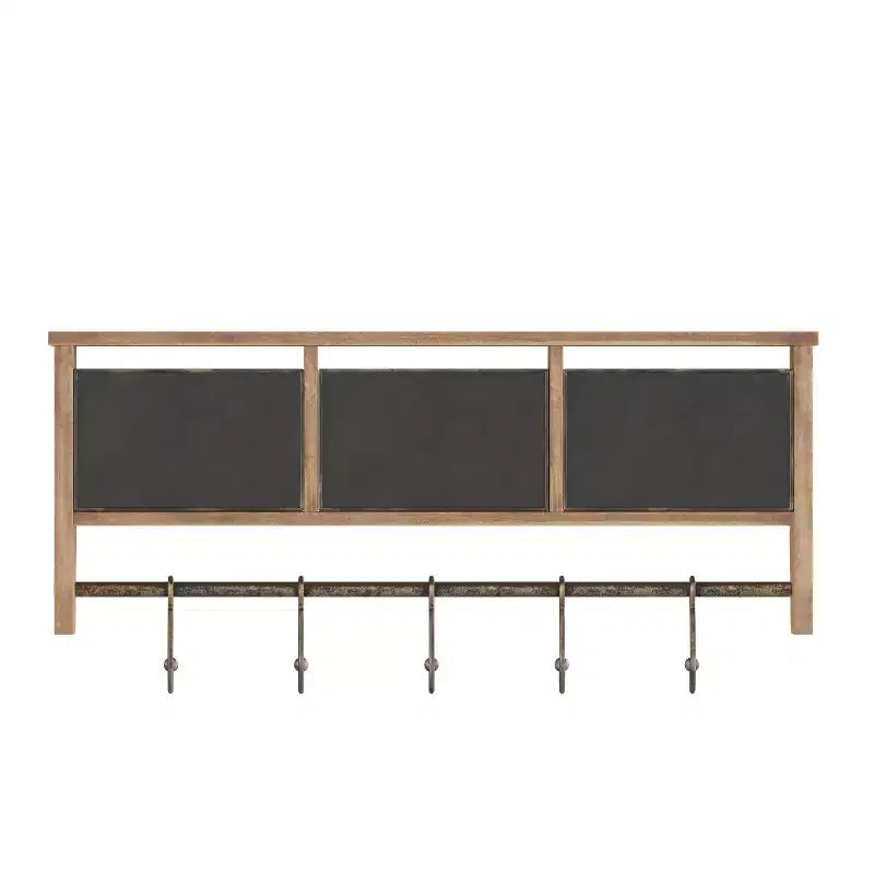 Scaffale rustico da parete con 5 ganci scorrevoli regolabili e tre cestini portaoggetti in filo metallico