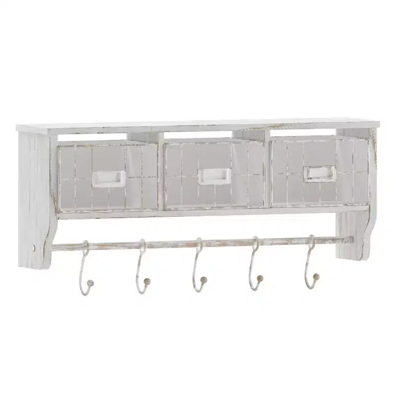 Scaffale rustico da parete con 5 ganci scorrevoli regolabili e tre cestini portaoggetti in filo metallico