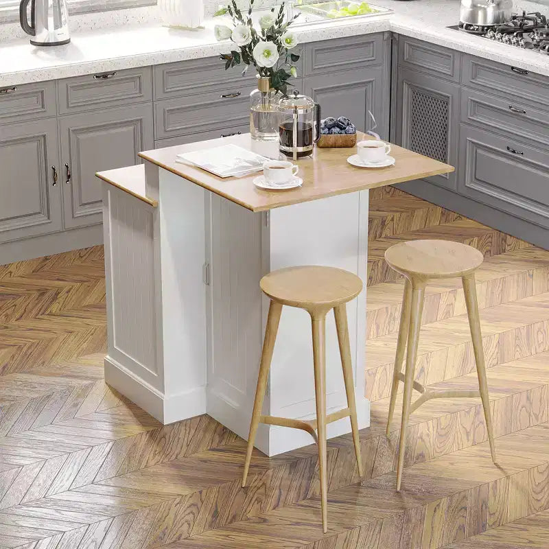 Isola da Cucina con Mobile Contenitore e Piano in Legno di Caucciù a 2 Livelli, Tavolo da Isola con Ripiani Regolabili e Cassetti, Bianco