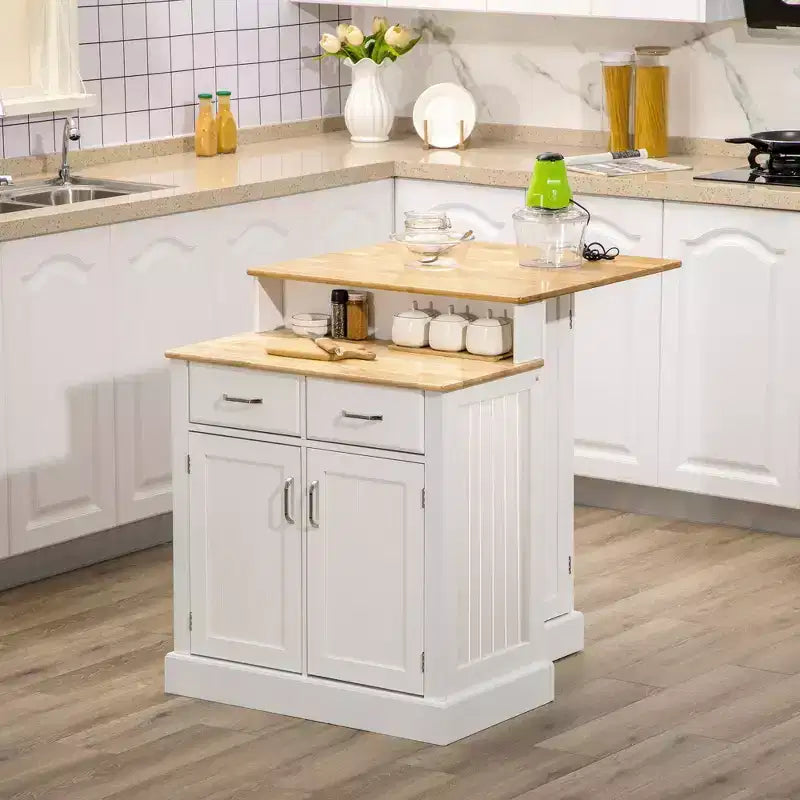 Isola da Cucina con Mobile Contenitore e Piano in Legno di Caucciù a 2 Livelli, Tavolo da Isola con Ripiani Regolabili e Cassetti, Bianco