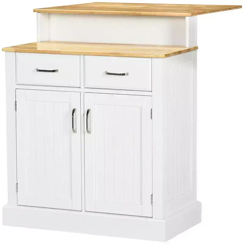 Isola da Cucina con Mobile Contenitore e Piano in Legno di Caucciù a 2 Livelli, Tavolo da Isola con Ripiani Regolabili e Cassetti, Bianco