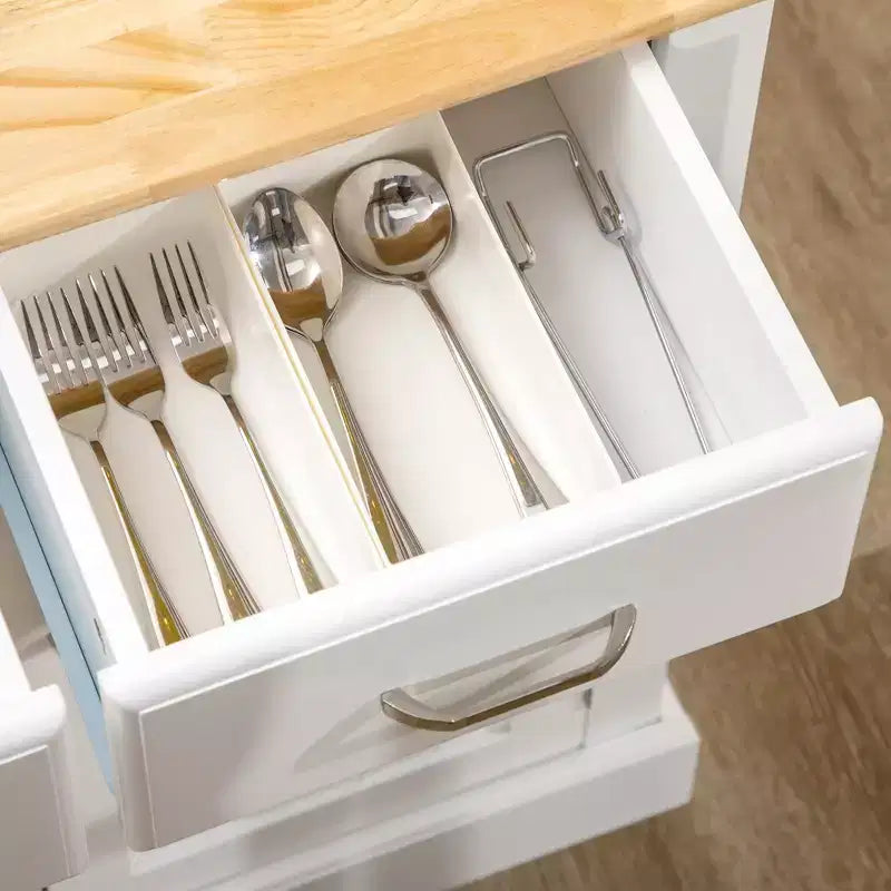Isola da Cucina con Mobile Contenitore e Piano in Legno di Caucciù a 2 Livelli, Tavolo da Isola con Ripiani Regolabili e Cassetti, Bianco