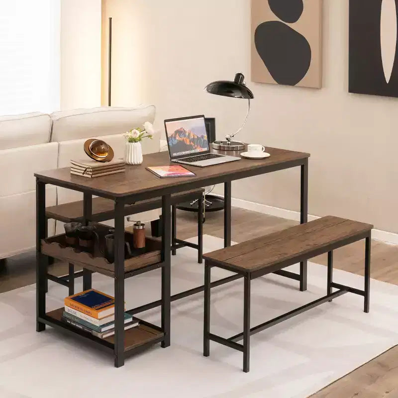 Set da Pranzo 3 Pezzi per 4 Persone, Tavolo da Cucina e 2 Panche con Ripiano