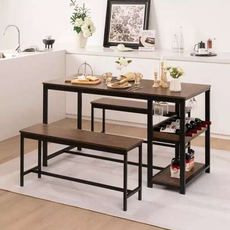 Set da Pranzo 3 Pezzi per 4 Persone, Tavolo da Cucina e 2 Panche con Ripiano