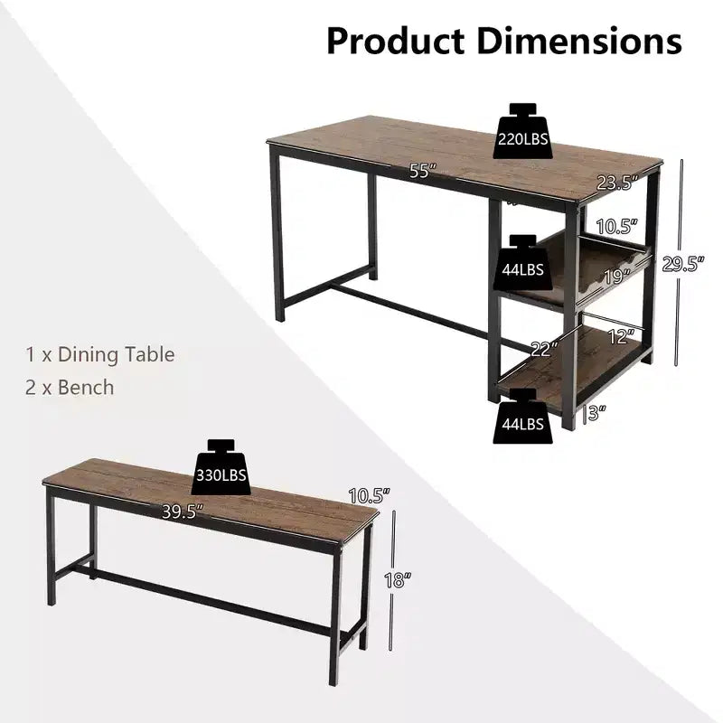 Set da Pranzo 3 Pezzi per 4 Persone, Tavolo da Cucina e 2 Panche con Ripiano