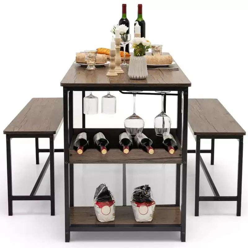Set da Pranzo 3 Pezzi per 4 Persone, Tavolo da Cucina e 2 Panche con Ripiano