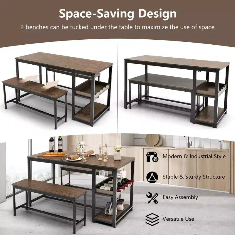 Set da Pranzo 3 Pezzi per 4 Persone, Tavolo da Cucina e 2 Panche con Ripiano