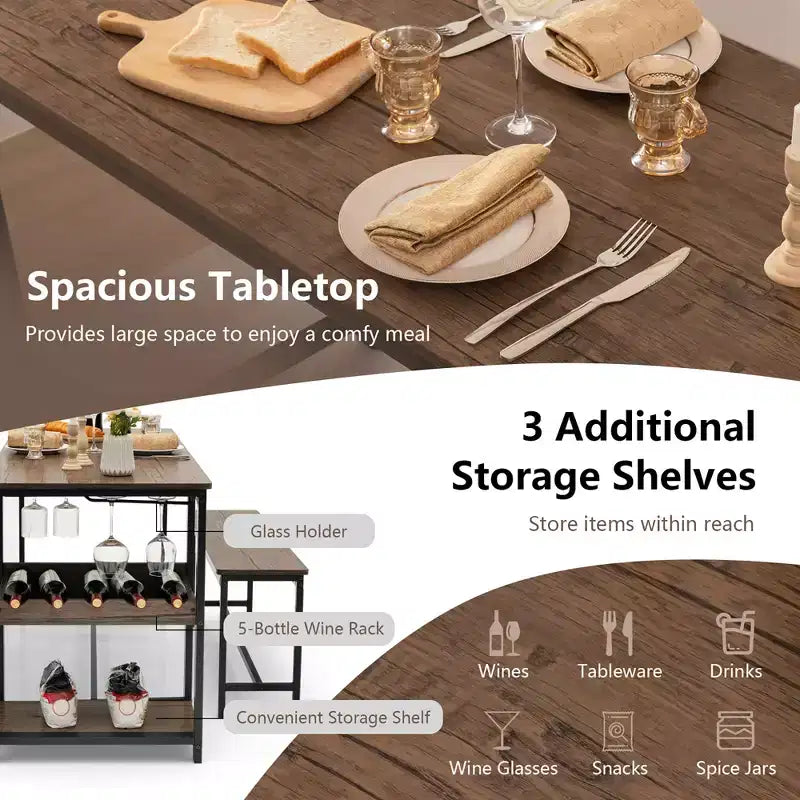 Set da Pranzo 3 Pezzi per 4 Persone, Tavolo da Cucina e 2 Panche con Ripiano