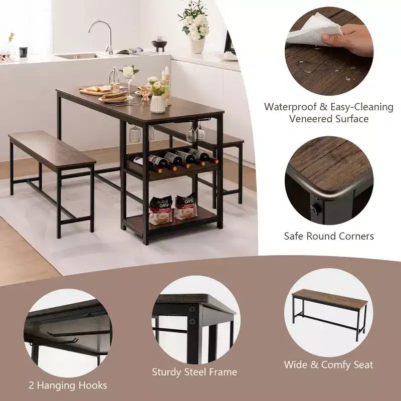 Set da Pranzo 3 Pezzi per 4 Persone, Tavolo da Cucina e 2 Panche con Ripiano